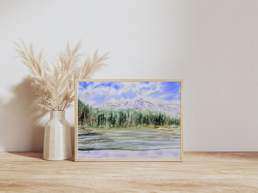 Calm Mountain Lake with Evergreen Trees - Original Watercolor Painting