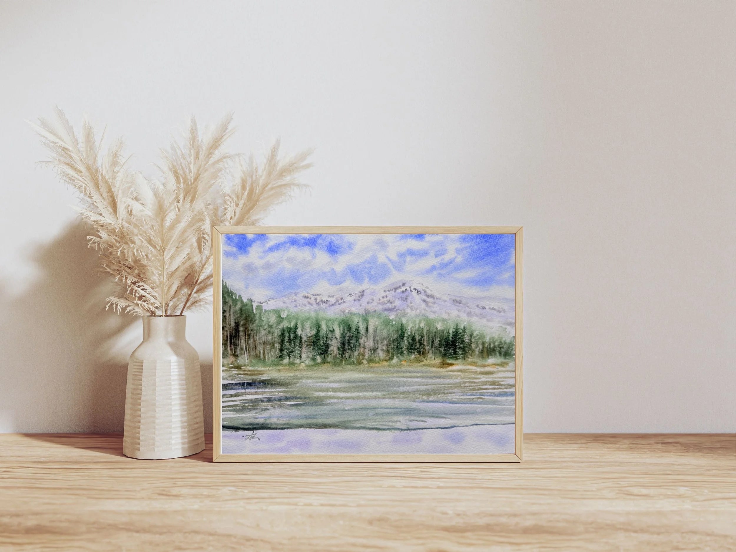 Calm Mountain Lake with Evergreen Trees - Original Watercolor Painting