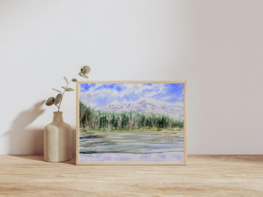 Calm Mountain Lake with Evergreen Trees - Original Watercolor Painting