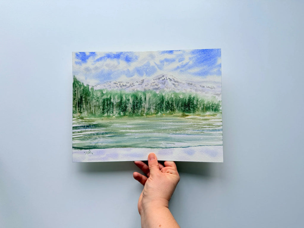 Calm Mountain Lake with Evergreen Trees - Original Watercolor Painting