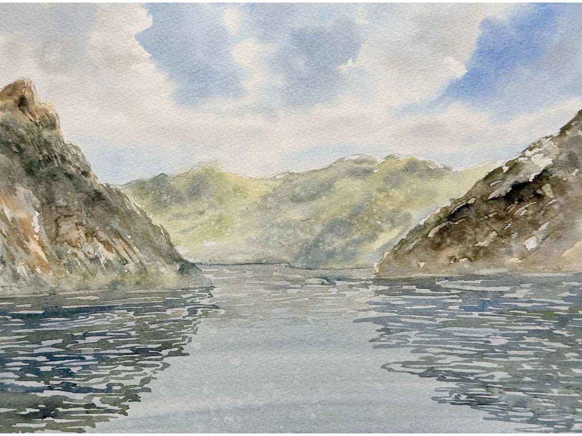 Fjords Landscape in Spring - Original Watercolor Painting