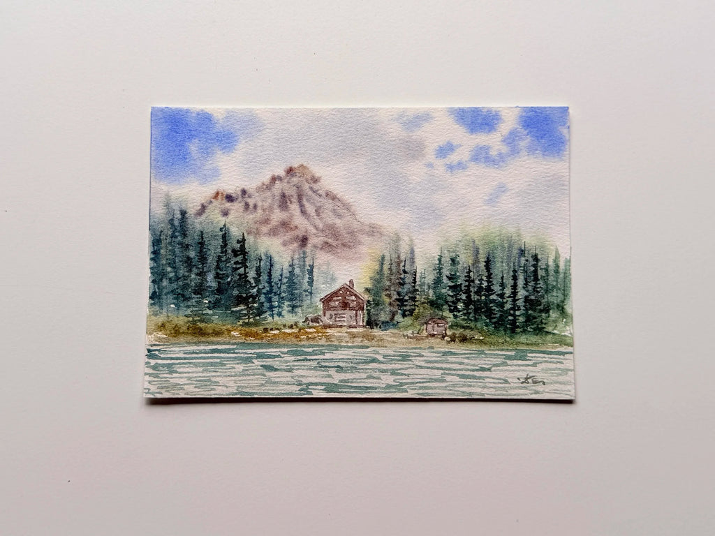 Mountain Cabin Landscape - Original Watercolor Paintings