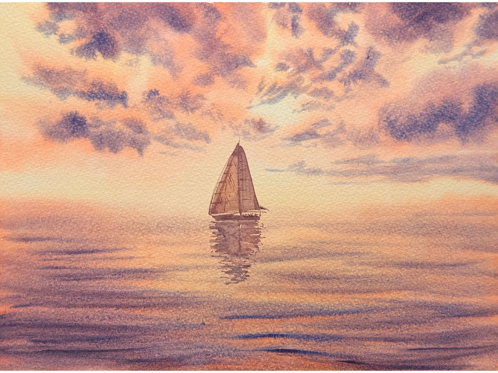 Sunset Over the Sea - Original Watercolor Painting