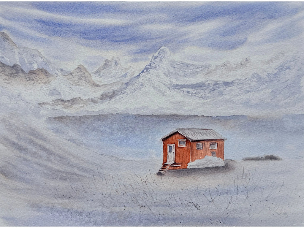 Wooden Cabin in The Snowy Mountains - Original Watercolor Paintings