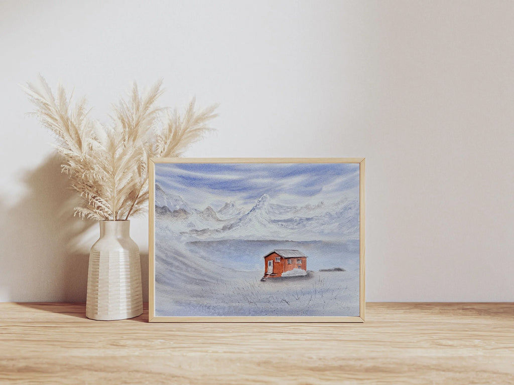 Wooden Cabin in The Snowy Mountains - Original Watercolor Paintings
