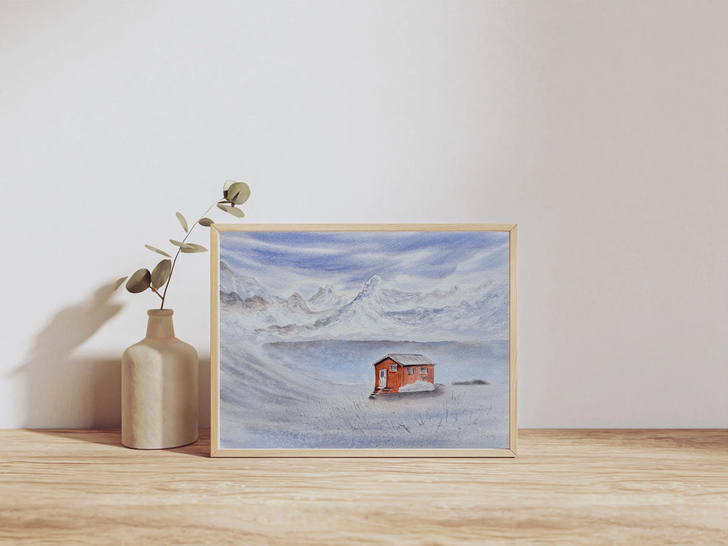 Wooden Cabin in The Snowy Mountains - Original Watercolor Paintings