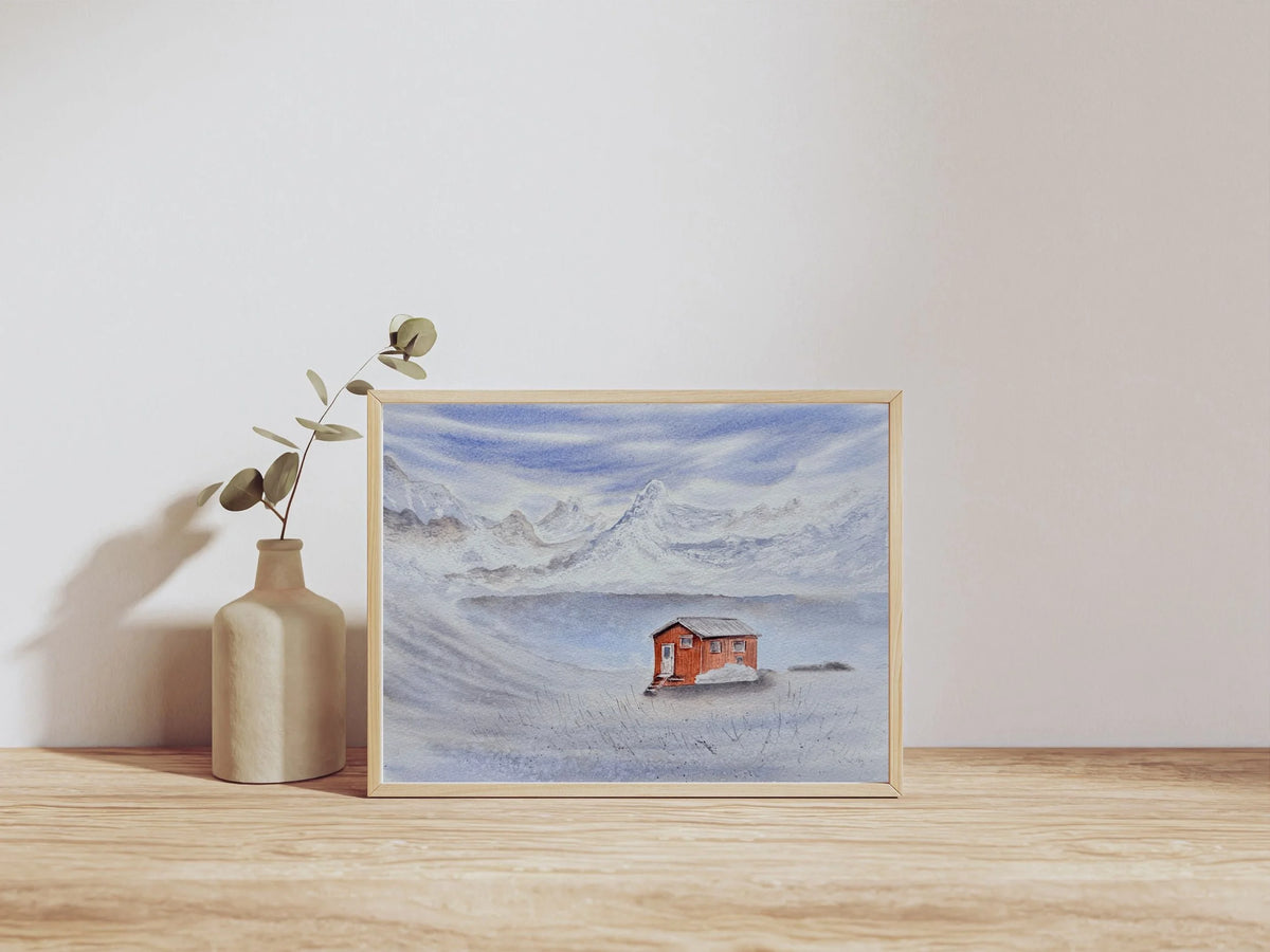 Wooden Cabin in The Snowy Mountains - Original Watercolor Paintings