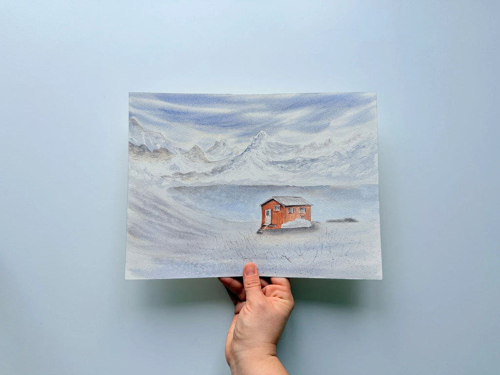 Wooden Cabin in The Snowy Mountains - Original Watercolor Paintings