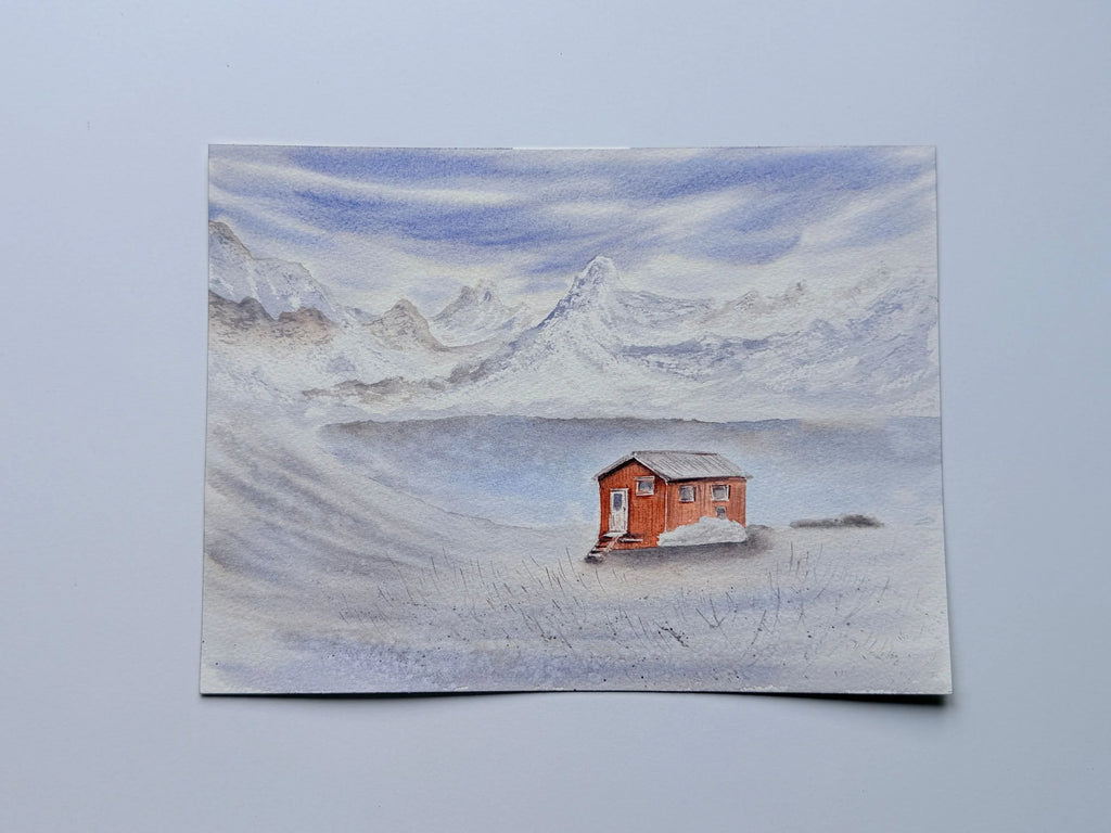 Wooden Cabin in The Snowy Mountains - Original Watercolor Paintings