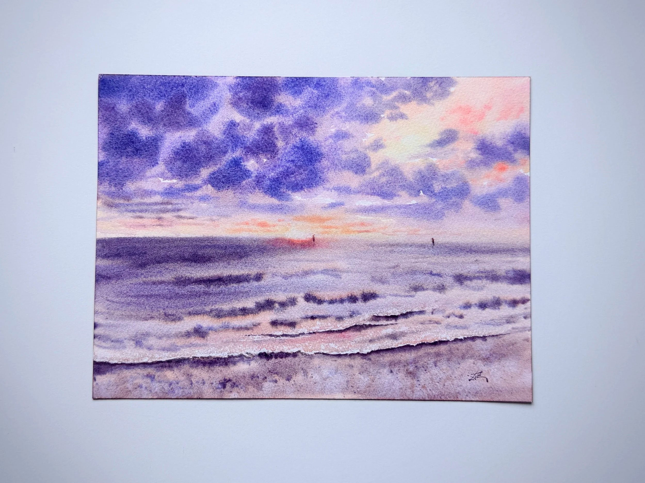 Vibrant Sunset on the Seashore - Original Watercolor Painting
