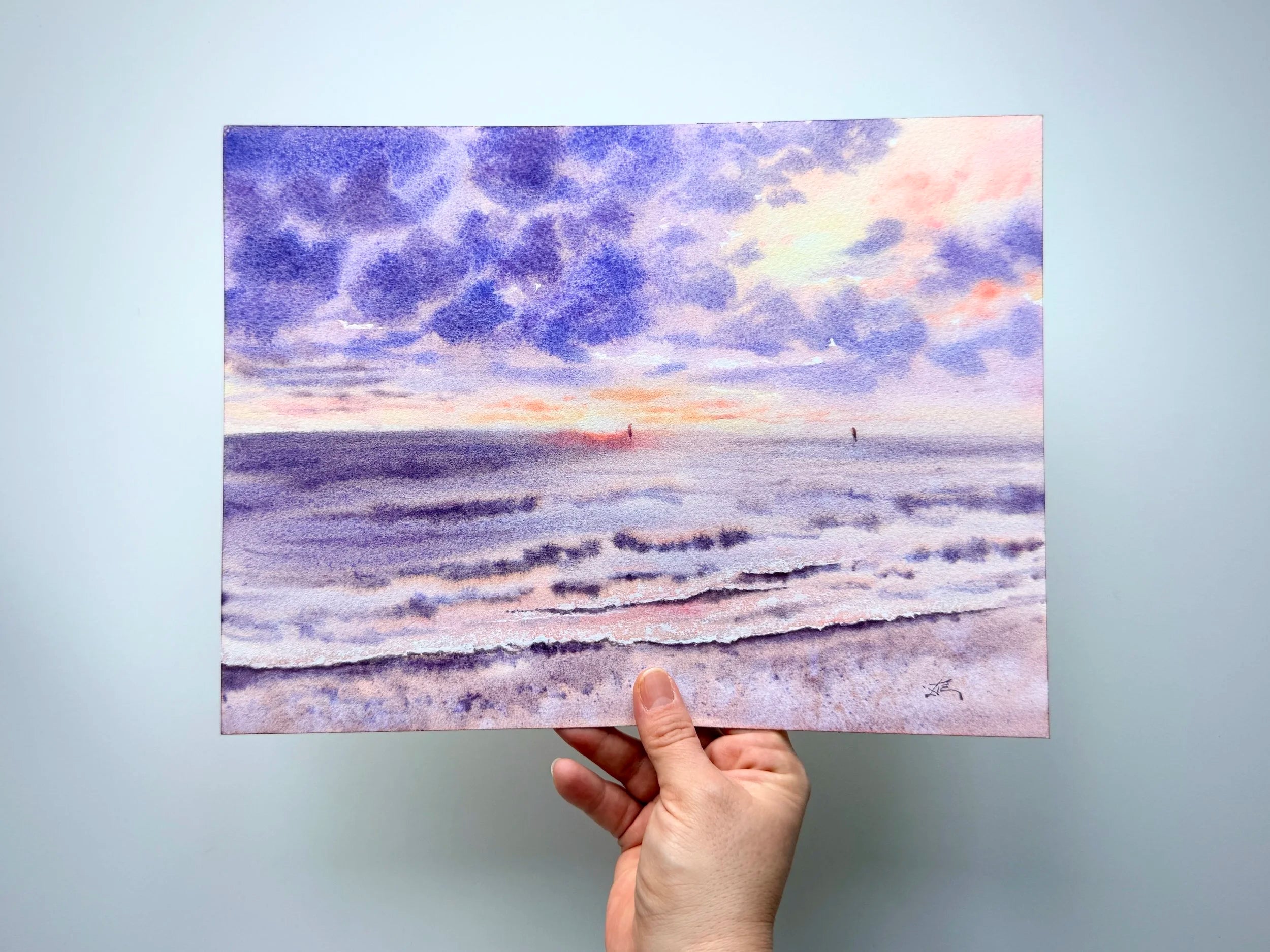 Vibrant Sunset on the Seashore - Original Watercolor Painting