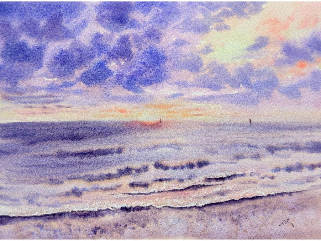 Vibrant Sunset on the Seashore - Original Watercolor Painting