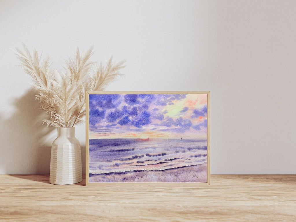Vibrant Sunset on the Seashore - Original Watercolor Painting