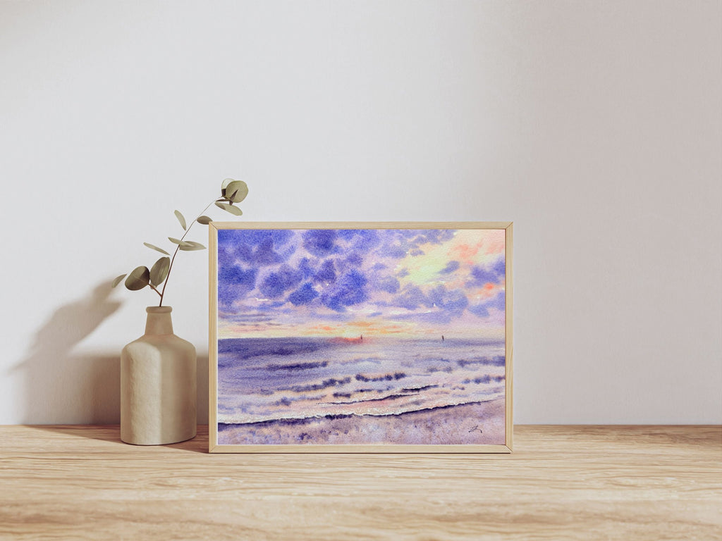 Vibrant Sunset on the Seashore - Original Watercolor Painting