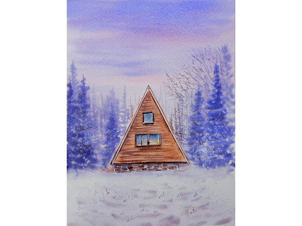 Snowy Winter Cabin and Purple Haze  - Original Watercolor Paintings