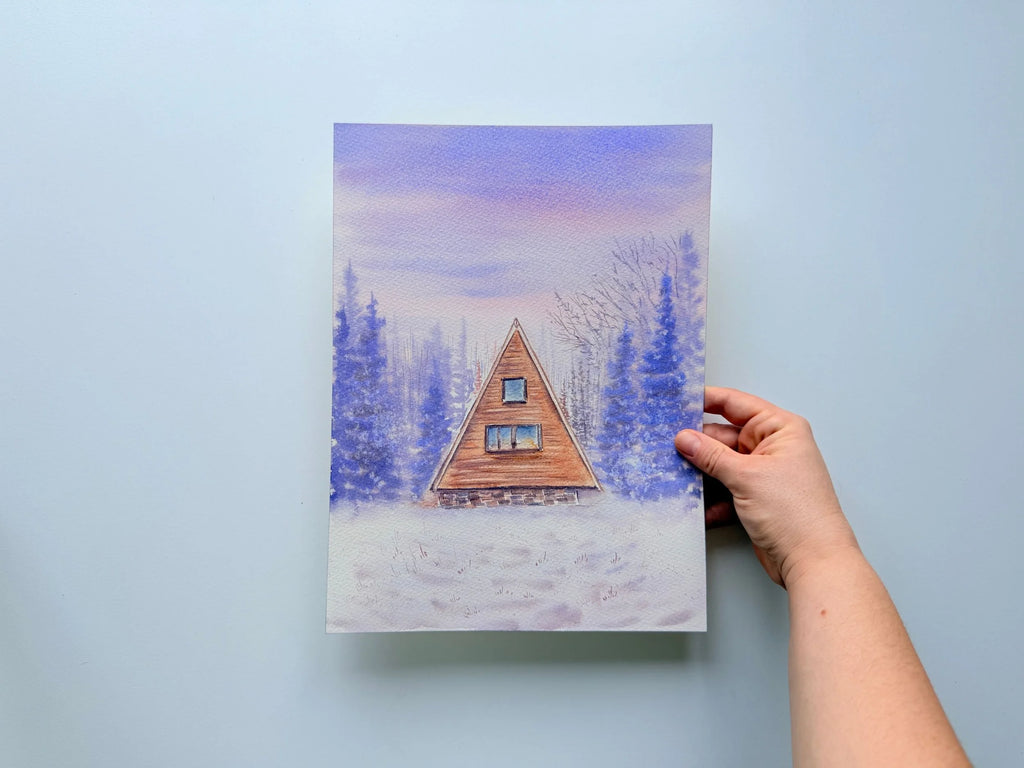 Snowy Winter Cabin and Purple Haze  - Original Watercolor Paintings