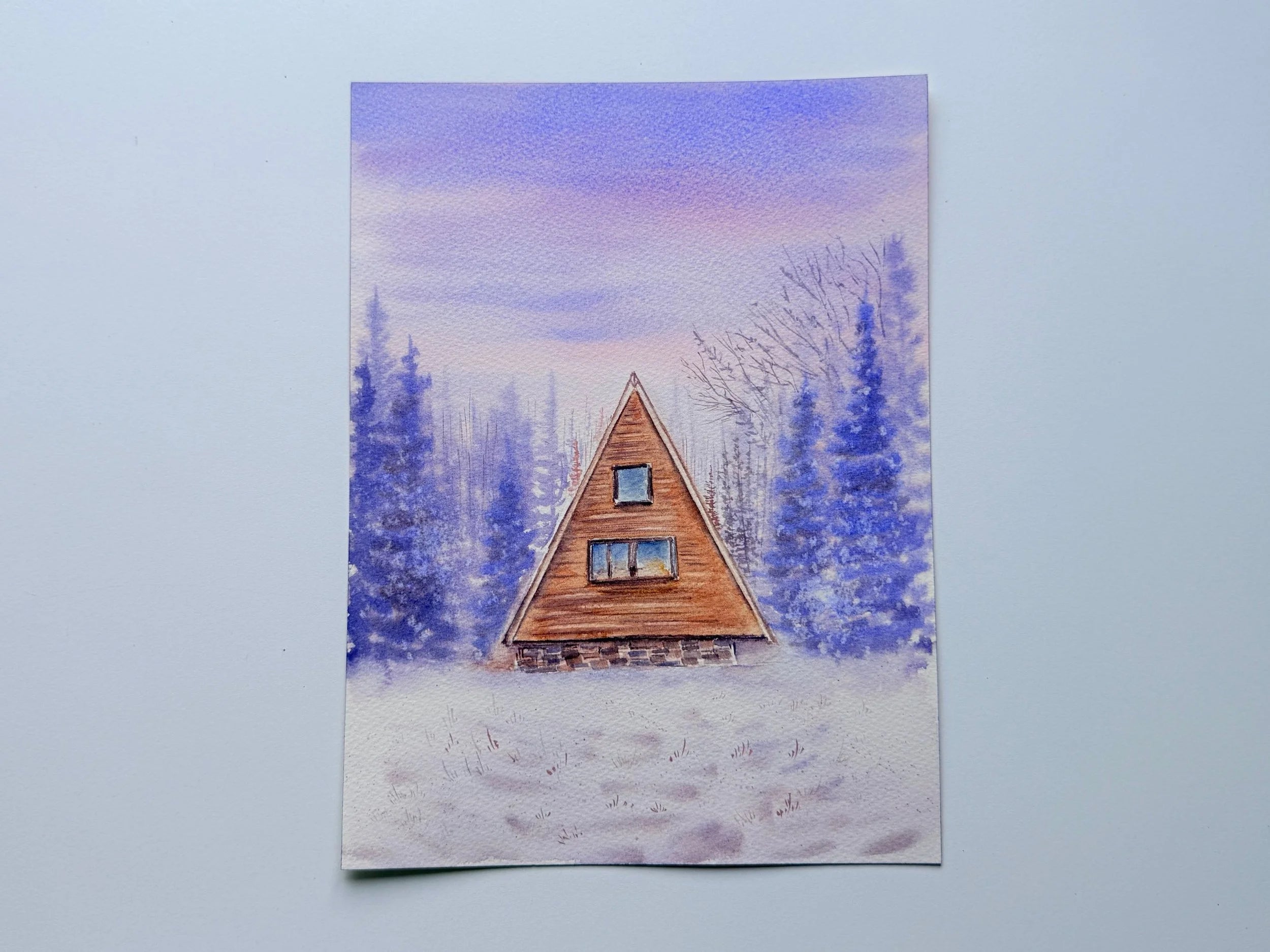 Snowy Winter Cabin and Purple Haze  - Original Watercolor Paintings