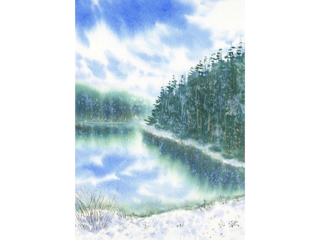 Snowy Lake with Pine Trees - Art Print
