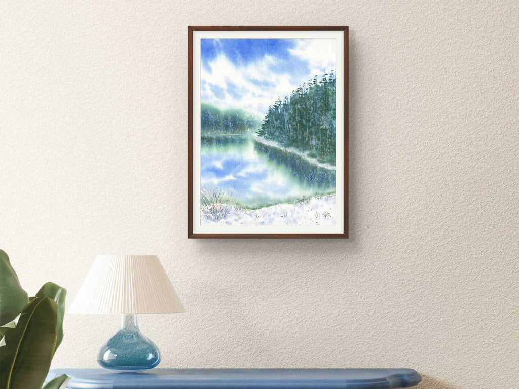 Snowy Lake with Pine Trees - Art Print