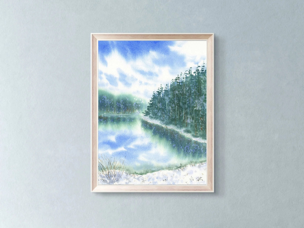 Snowy Lake with Pine Trees - Art Print