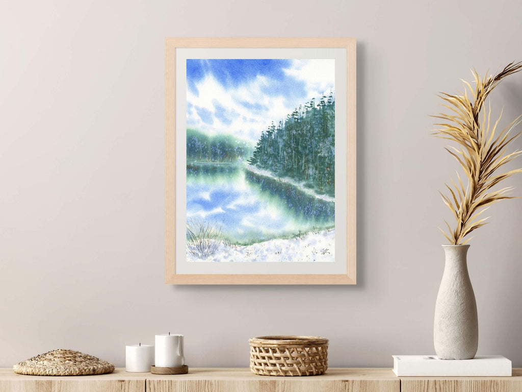 Snowy Lake with Pine Trees - Art Print