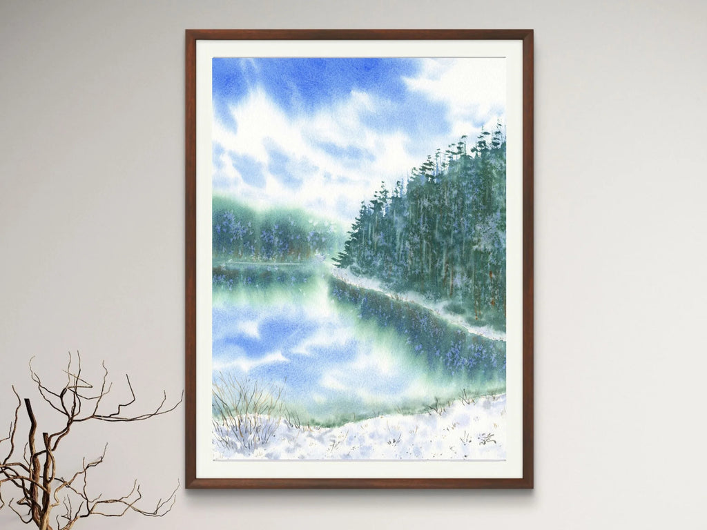 Snowy Lake with Pine Trees - Art Print