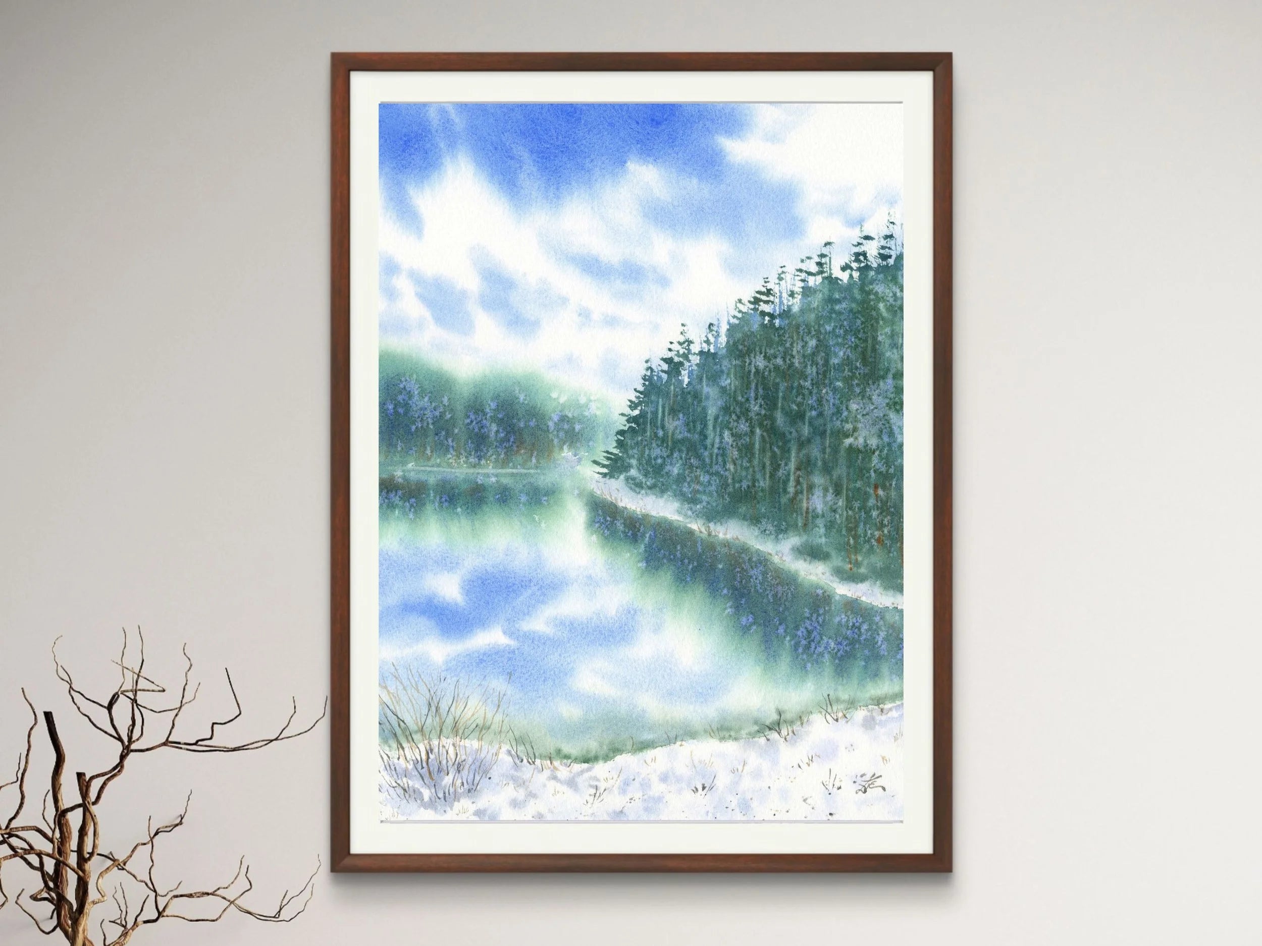 Snowy Lake with Pine Trees - Art Print