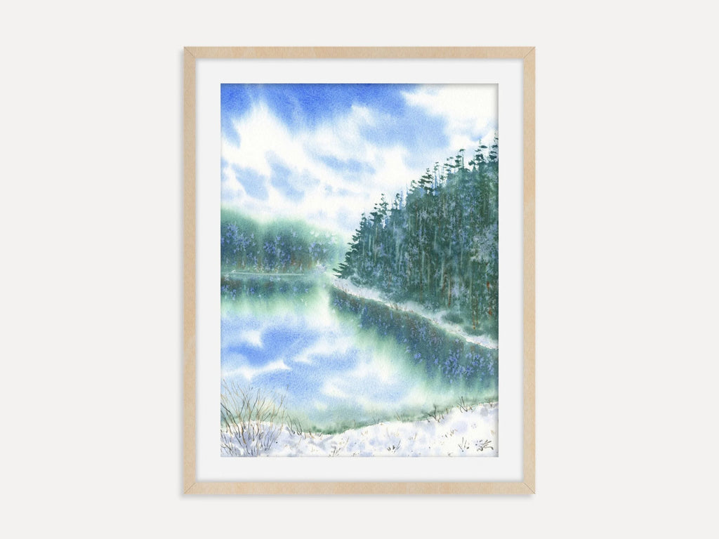 Snowy Lake with Pine Trees - Art Print