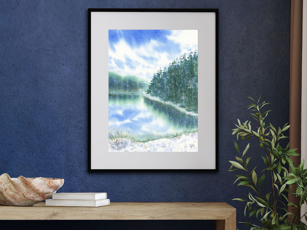 Snowy Lake with Pine Trees - Art Print