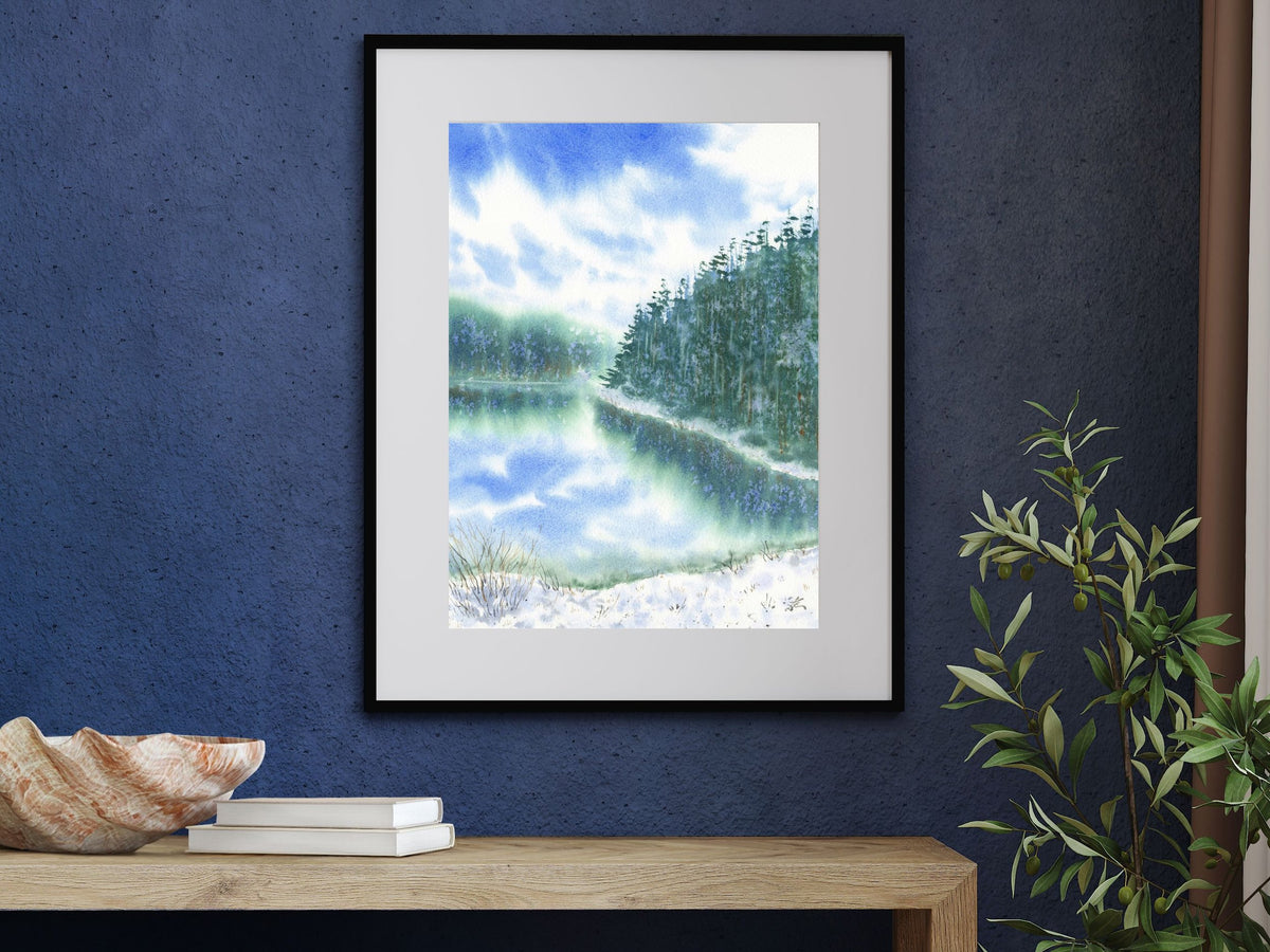 Snowy Lake with Pine Trees - Art Print