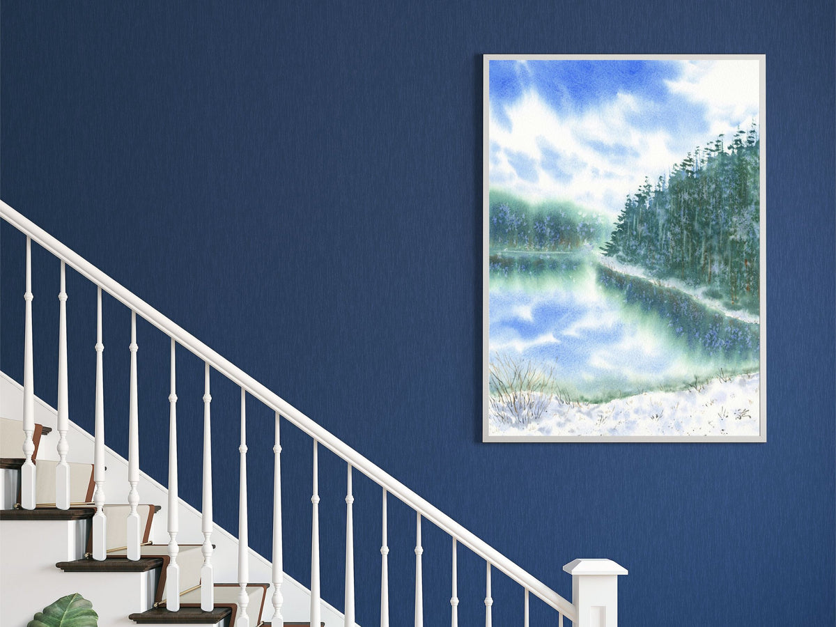 Snowy Lake with Pine Trees - Art Print