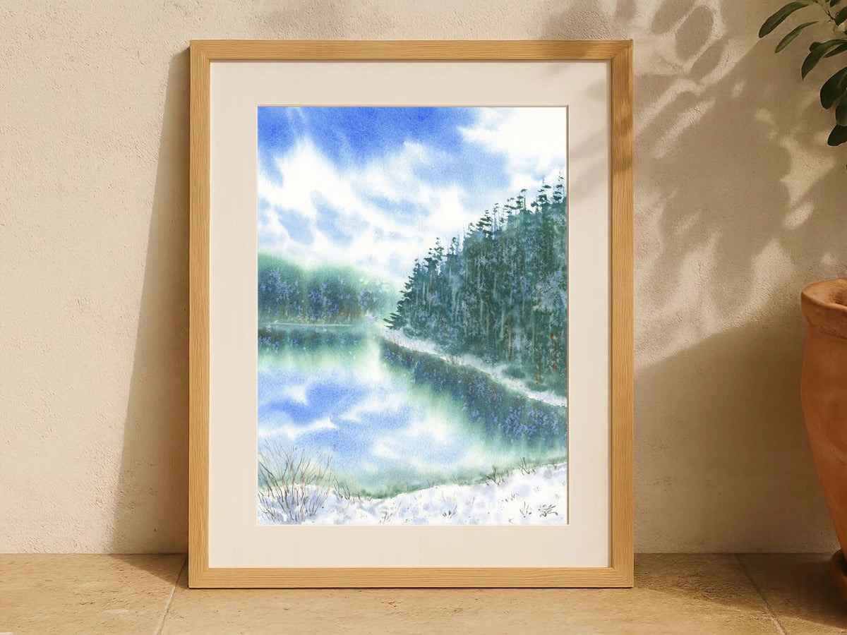 Snowy Lake with Pine Trees - Art Print
