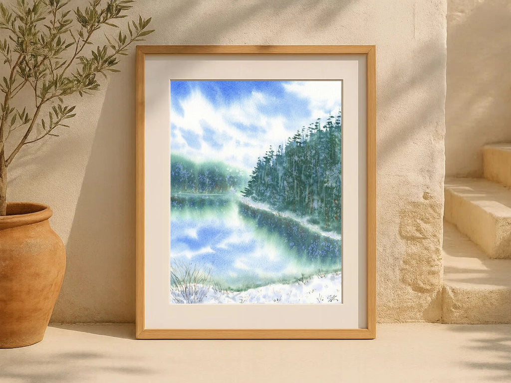 Snowy Lake with Pine Trees - Art Print