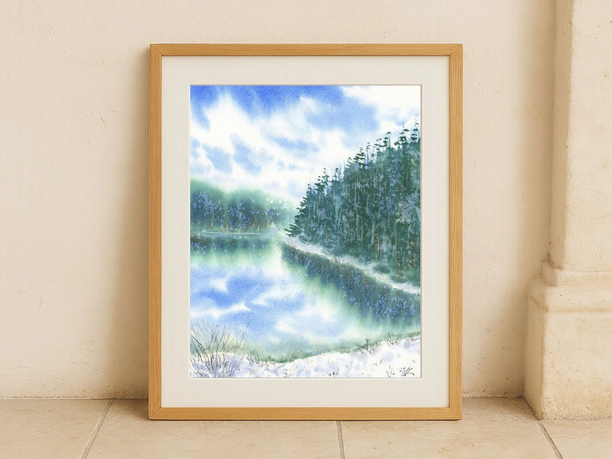Snowy Lake with Pine Trees - Art Print