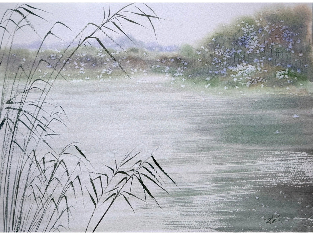River Reflections - Original Watercolor Painting of Lake Landscape with Soft Reeds