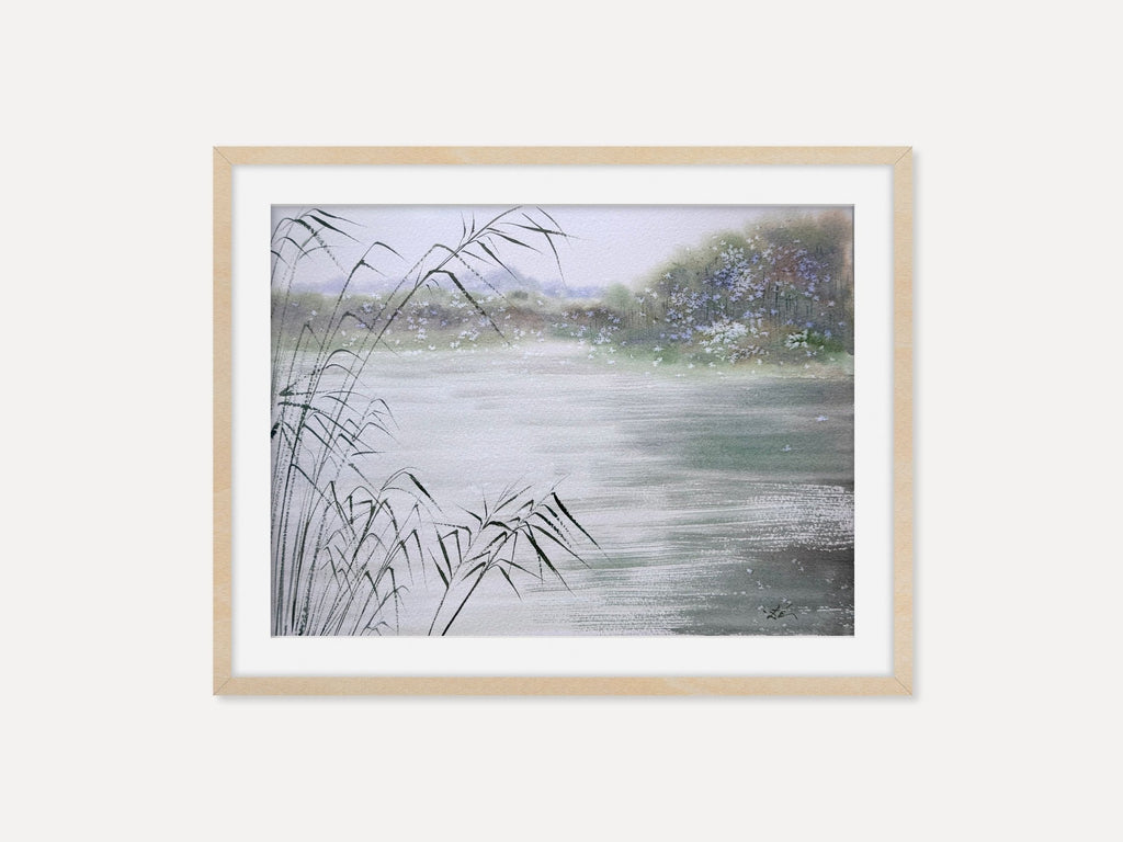 River Reflections - Original Watercolor Painting of Lake Landscape with Soft Reeds