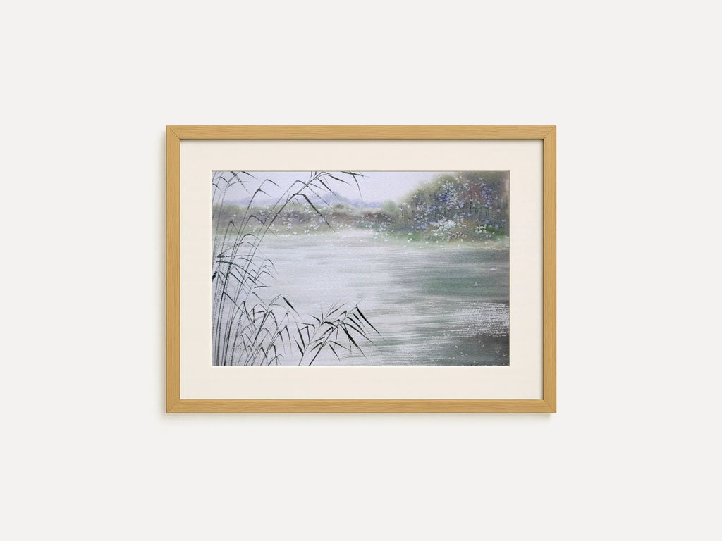 River Reflections - Original Watercolor Painting of Lake Landscape with Soft Reeds