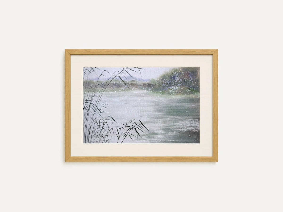 River Reflections - Original Watercolor Painting of Lake Landscape with Soft Reeds