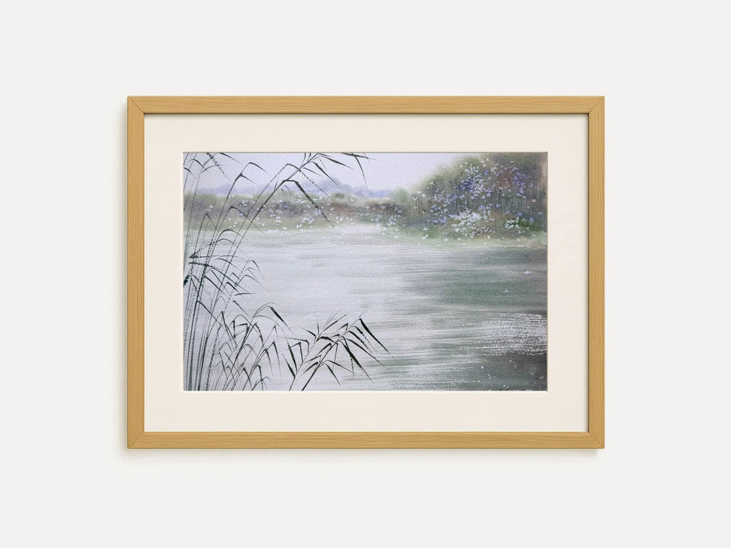 River Reflections - Original Watercolor Painting of Lake Landscape with Soft Reeds