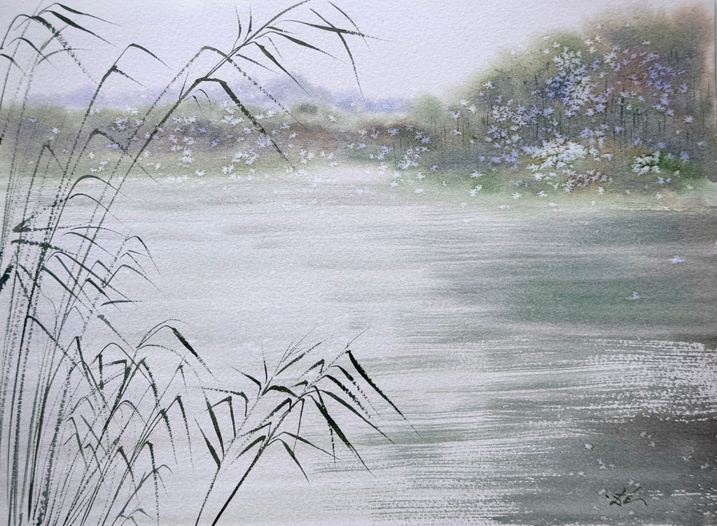 River Reflections - Original Watercolor Painting of Lake Landscape with Soft Reeds