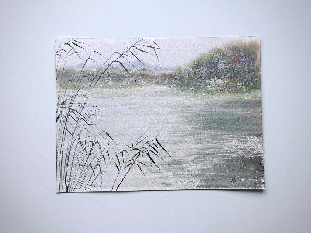River Reflections - Original Watercolor Painting of Lake Landscape with Soft Reeds