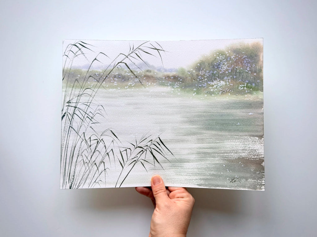River Reflections - Original Watercolor Painting of Lake Landscape with Soft Reeds