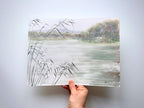 River Reflections - Original Watercolor Painting of Lake Landscape with Soft Reeds