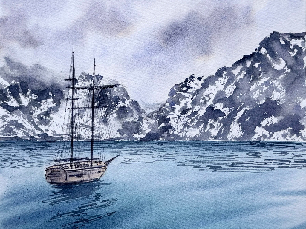 Sail Towards The Mountains - Original Watercolor Painting