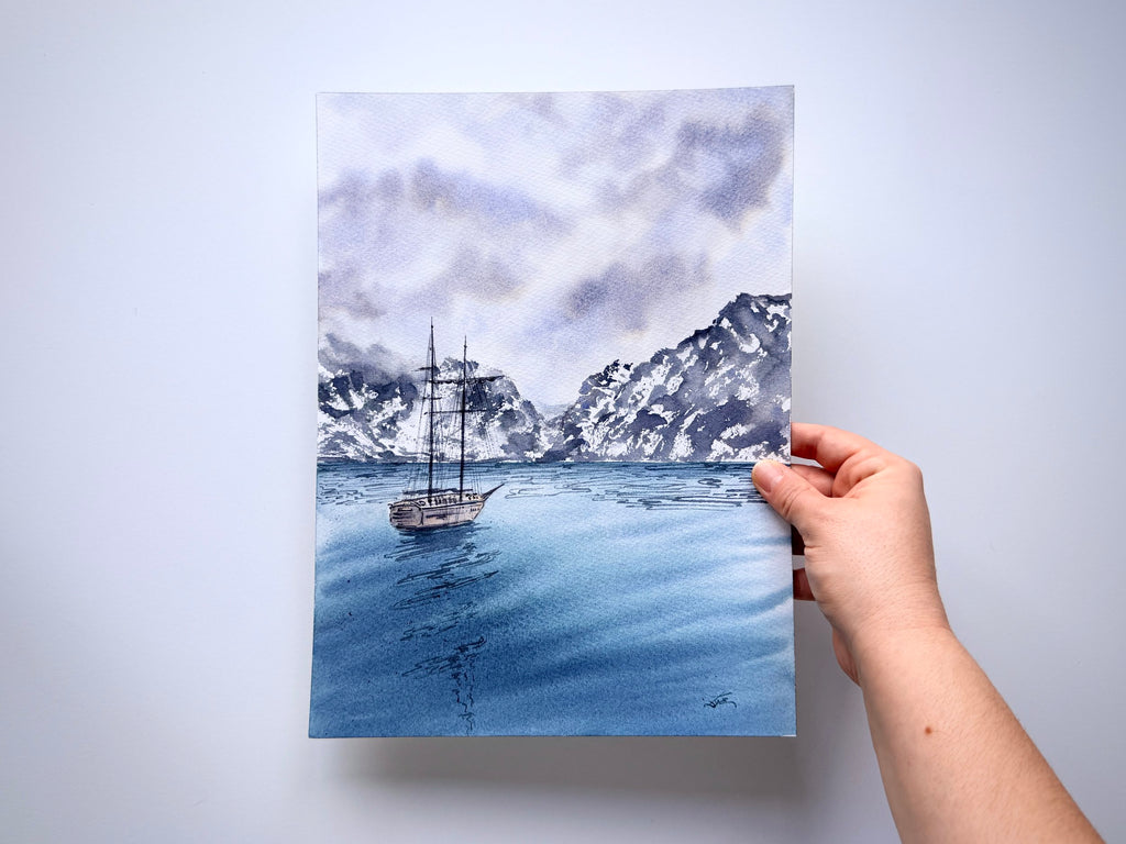 Sail Towards The Mountains - Original Watercolor Painting