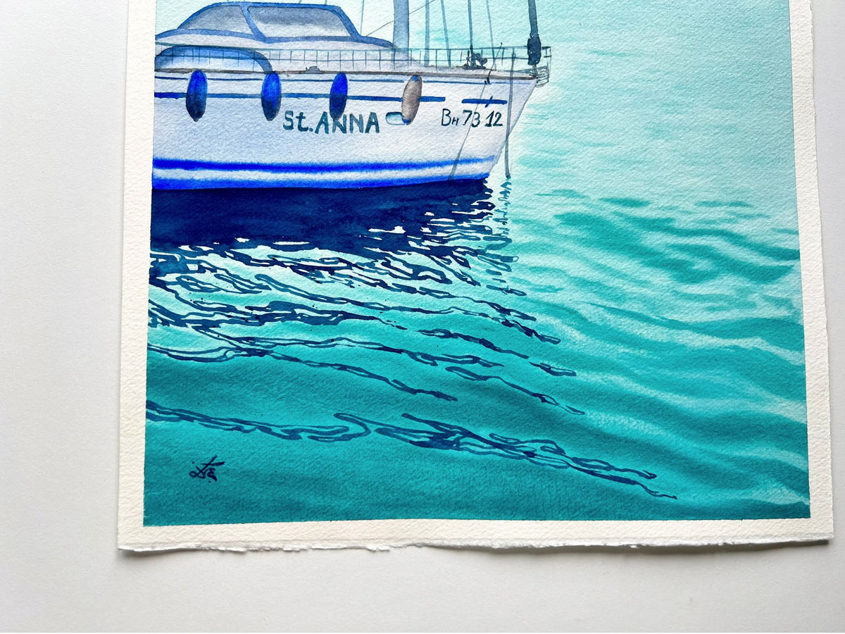 St. Anna - Original Watercolor Painting of a Blue Sailboat