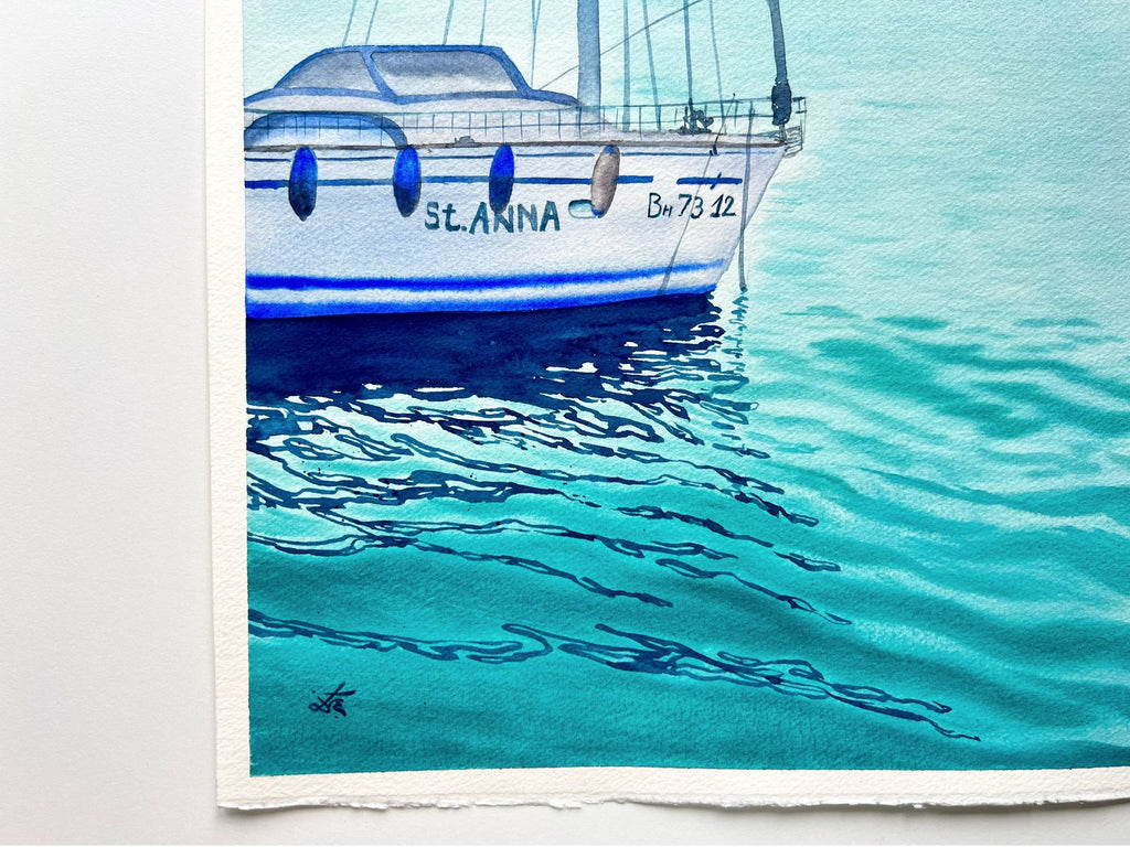 St. Anna - Original Watercolor Painting of a Blue Sailboat