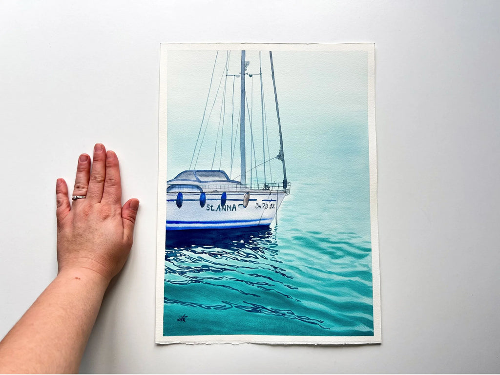 St. Anna - Original Watercolor Painting of a Blue Sailboat