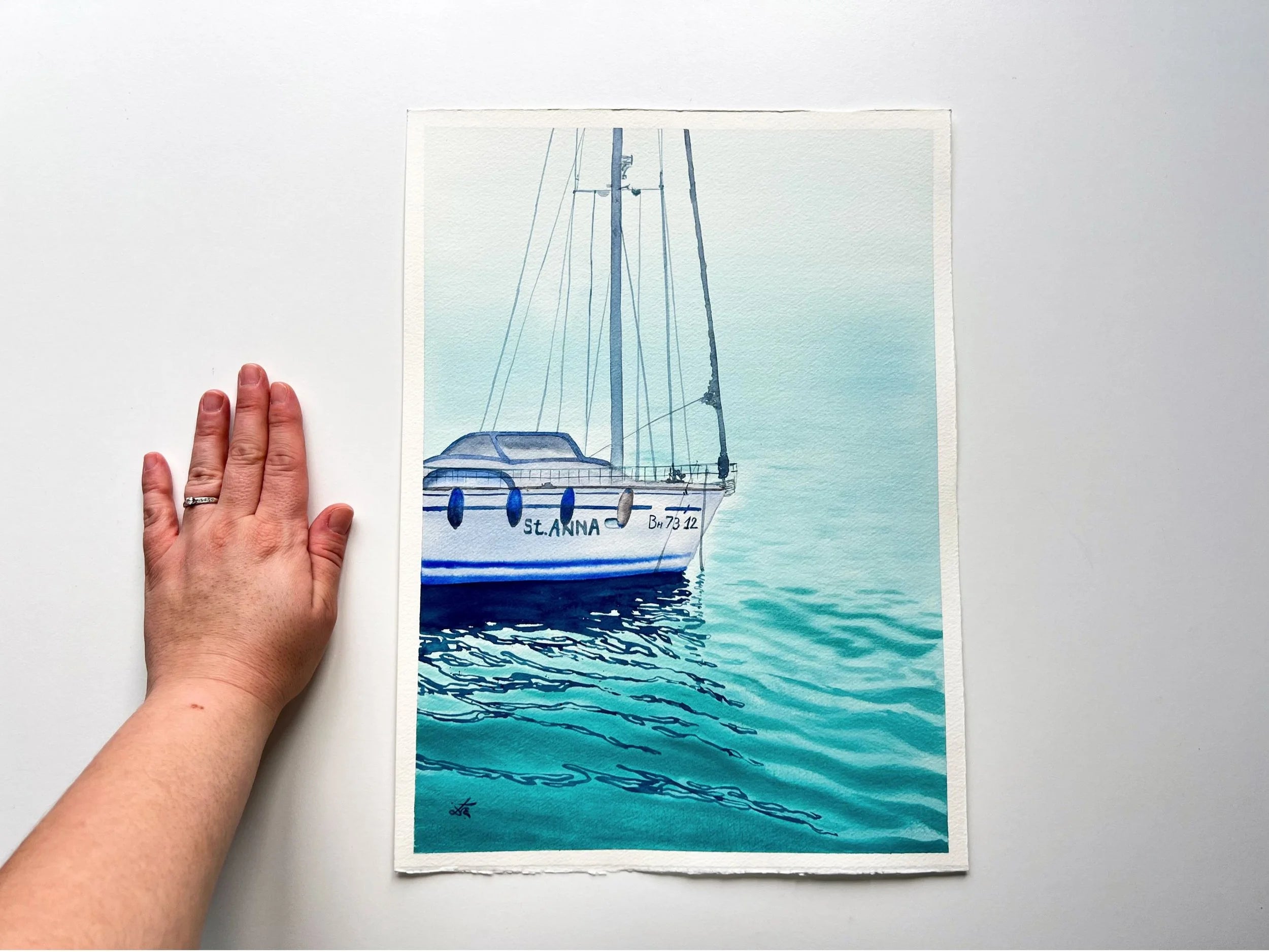 St. Anna - Original Watercolor Painting of a Blue Sailboat