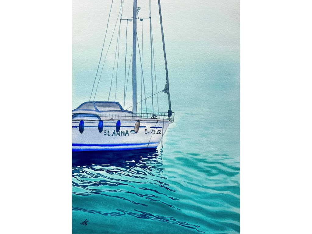 St. Anna - Original Watercolor Painting of a Blue Sailboat